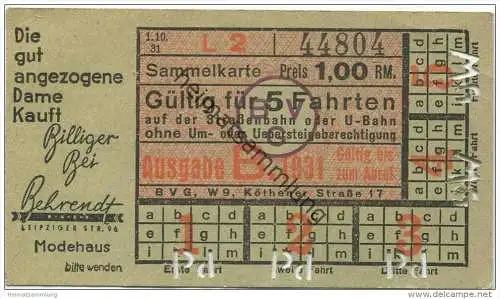 Berlin - BVG Fahrkarte - Sammelkarte 1931 - Gültig für 5 Fahrten auf der Strassenbahn oder U-Bahn ohne Um- oder Ueberste