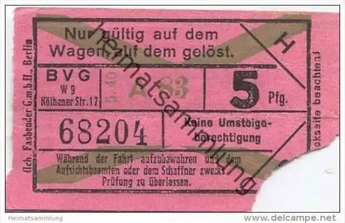 Berlin - BVG - Fahrschein 5Pfg. 1940