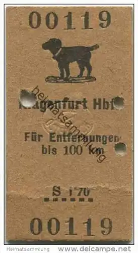 Österreich - Klagenfurt Hbf - Fahrkarte / Hund bis 100Km S 1.70 1946