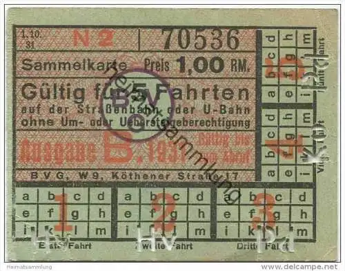 Berlin - BVG Fahrkarte - Sammelkarte 1931 - Gültig für 5 Fahrten auf der Strassenbahn oder U-Bahn ohne Um- oder Ueberste