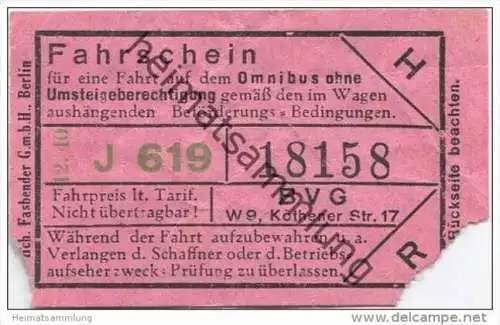 Berlin - BVG Fahrschein für eine Fahrt auf dem Omnibus 1940