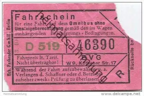 Berlin - BVG Fahrschein für eine Fahrt auf dem Omnibus 1940