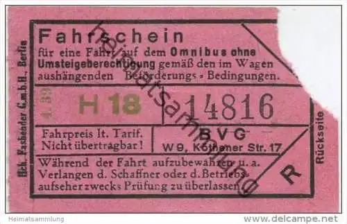 Berlin - BVG Fahrschein für eine Fahrt auf dem Omnibus 1939