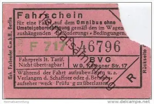 Berlin - BVG Fahrschein für eine Fahrt auf dem Omnibus 1939