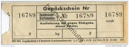 Bundesbahn - Kraftomnibus - Gepäckschein 1952 - ungebraucht