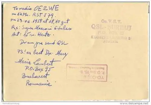 QSL - QTH - Funkkarte - YO3-1959xyl - Roumanie - Bucharest - Fahrgastschiff Nuncitorul - 1958