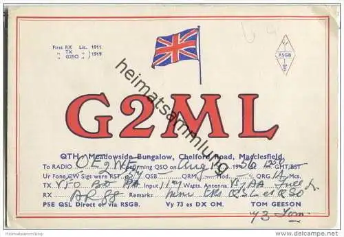 QSL - QTH - Funkkarte - G2ML - England - Macclesfield - 1956