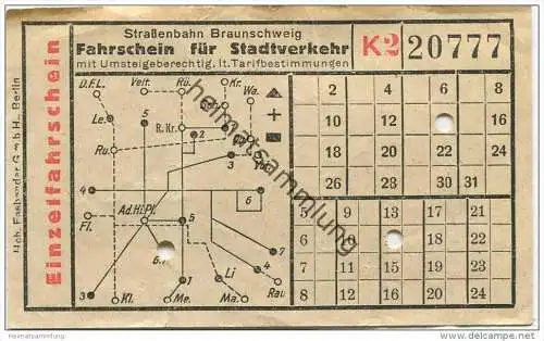 Strassenbahn Braunschweig - Fahrschein für Stadtverkehr - Einzelfahrschein