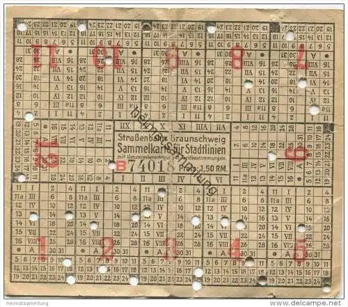 Strassenbahn Braunschweig - Sammelkarte für Stadtlinien mit Umsteigeberechtigung - Fahrkarte 1,50RM