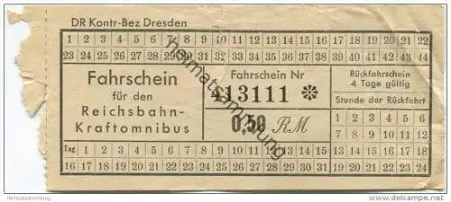 Dresden - Fahrschein für den Reichsbahn-Kraftomnibus - DR Kontr-Bez Dresden - Fahrschein 0,50 RM