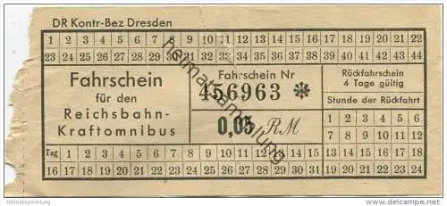 Dresden - Fahrschein für den Reichsbahn-Kraftomnibus - DR Kontr-Bez Dresden - Fahrschein 0,05 RM