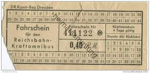 Fahrschein für den Reichsbahn-Kraftomnibus - DR Kontr-Bez Dresden - Fahrschein 0,40 RM