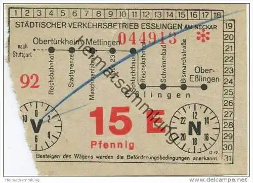 Esslingen - Städtischer Verkehrsbetrieb Esslingen am Neckar - Fahrschein 1942 15 Pfennig