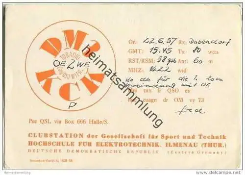 QSL - QTH - Funkkarte - DM3KCK - Deutsche Demokratische Republik - Hochschule für Elektrotechnik Ilmenau - 1957