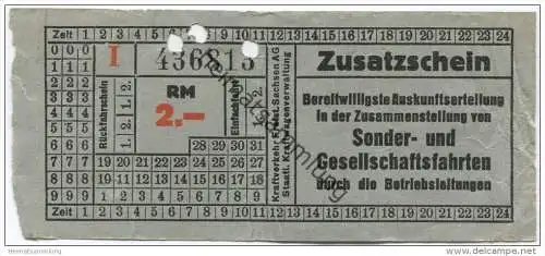 Kraftverkehr Freistaat Sachsen AG - Fahrschein RM2.- - Zusatzschein - Staatliche Kraftwagenverwaltung
