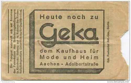 Aachener Kleinbahn - Fahrschein - rückseitig Werbung: Geka Kaufhaus