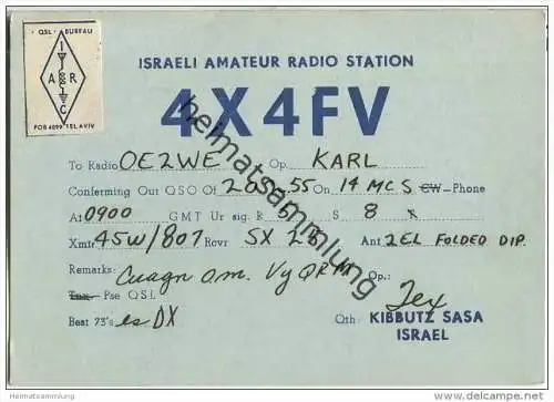 QSL - QTH - Funkkarte - 4X4FV - Israel - Kibbutz Sasa - 1955