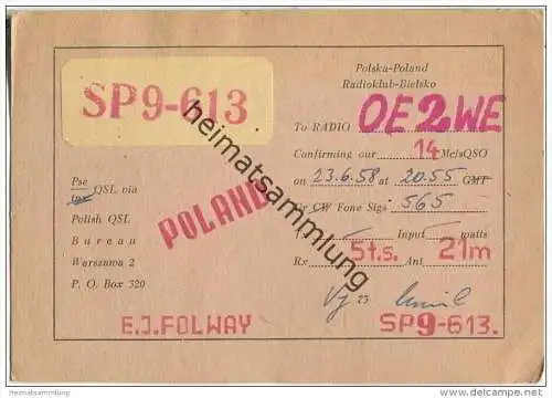 QSL - QTH - Funkkarte - SP9-613 - Polen - Bielsko - 1958