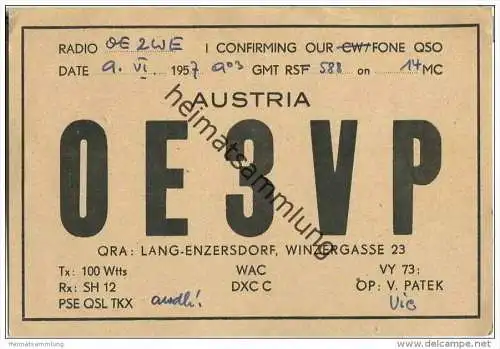 QSL - QTH - Funkkarte - OE3VP - Austria - Österreich - Lang-Enzersdorf - 1957