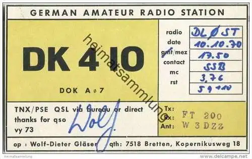 QSL - QTH - Funkkarte - DK4IO - Bretten - 1970