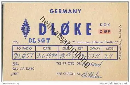 QSL - QTH - Funkkarte - DL0KE - Karlsruhe - 1970