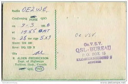 QSL - QTH - Funkkarte - VE5RU - Canada - Yorkton - 1958