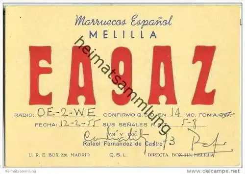 QSL - QTH - Funkkarte - EA9AZ - Espanol - Melilla - 1955