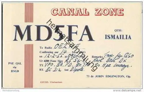 QSL - QTH - Funkkarte - MD5FA - Ägypten - Canal Zone - Ismailia - 1955