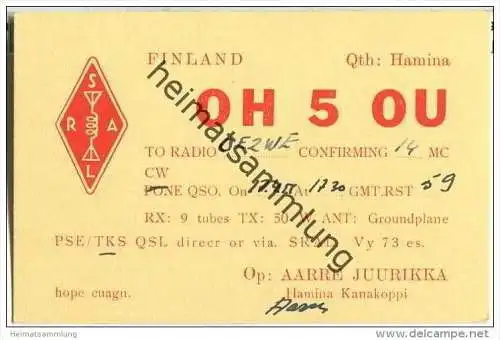 QSL - QTH - Funkkarte - OH5OU - Finnland - Suomi - Hamina - 1955
