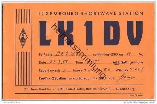 QSL - QTH - Funkkarte - LX1DV - Luxembourg - Esch-Alzette - 1959