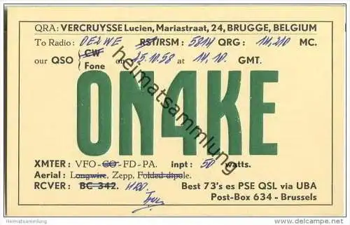 QSL - QTH - Funkkarte - ON4KE - Belgien - Brugge - 1958