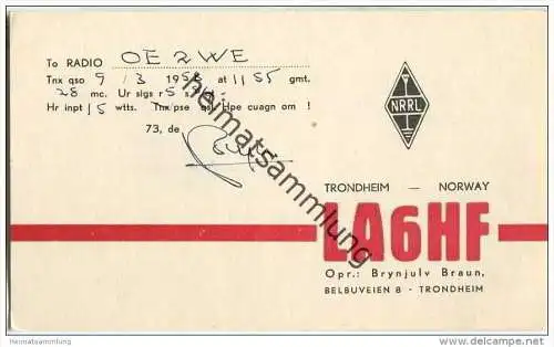 QSL - QTH - Funkkarte - LA6HF - Norwegen - Norge - Trondheim - 1958