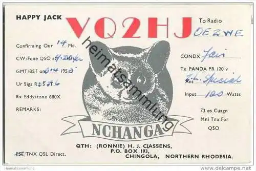 QSL - QTH - Funkkarte - VQ2HJ - Northern Rhodesia - Chingola - Sambia - 1958