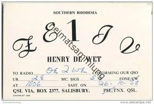 QSL - QTH - Funkkarte - ZE1JV - Southern Rhodesia - Salisbury - Simbabwe - 1958
