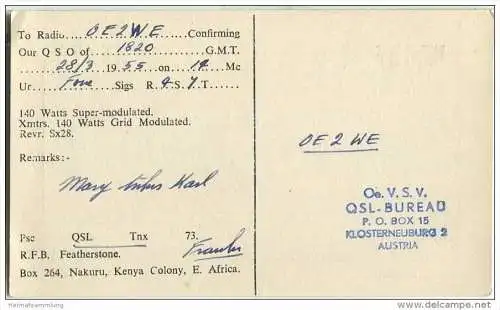 QSL - QTH - Funkkarte - VQ4RF - Kenya - Nakuru - 1955 - Rhino