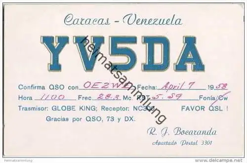 QSL - QTH - Funkkarte - YV5DA - Venezuela - Caracas - 1958