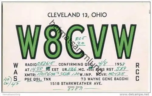 QSL - QTH - Funkkarte - W8CVW - USA - Ohio - Cleveland - 1958