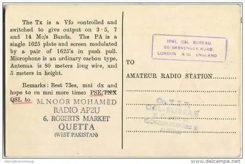 QSL - QTH - Funkkarte - AP2U - Pakistan - Quetta - 1956