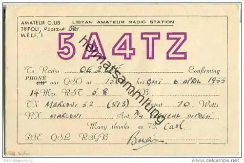 QSL - QTH - Funkkarte - 5A4TZ - Libanon - Tripoli - 1955