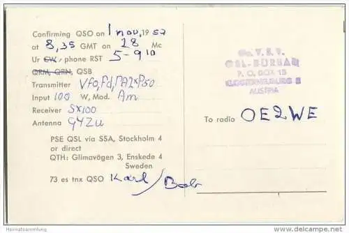 QSL - QTH - Funkkarte - SM5TR - Sweden - Stockholm - 1957