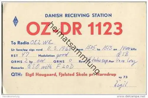 QSL - QTH - Funkkarte - OZ-DR1123 - Denmark - Fjelsted Skole - 1960