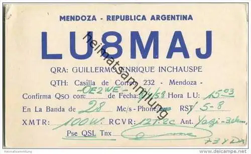 QSL - QTH - Funkkarte - LU8MAJ - Argentina - Mendoza - 1958 - rückseitig Stempel