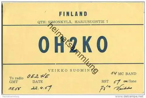 QSL - QTH - Funkkarte - OH2KO - Finnland - Suomi - Simonkylä - 1959