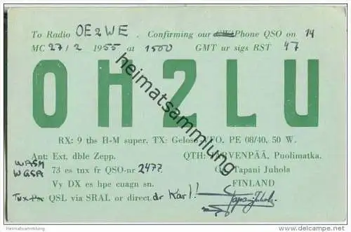 QSL - QTH - Funkkarte - OH2LU - Finnland - Suomi - Järvenpää - 1955