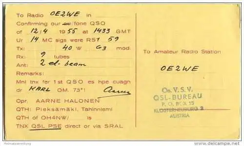 QSL - QTH - Funkkarte - OH4NW - Finnland - Suomi - Pieksämäki - 1955