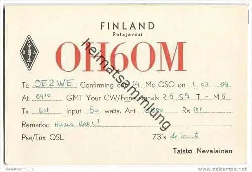 QSL - QTH - Funkkarte - OH6OM - Finnland - Suomi - Pestäjävesi - 1959