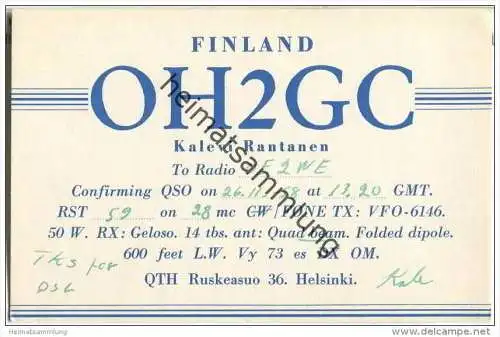 QSL - QTH - Funkkarte - OH2GC - Finnland - Suomi - Helsinki - 1958