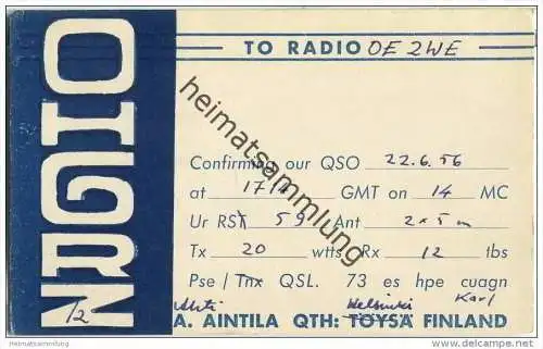 QSL - QTH - Funkkarte - OH6RZ - Finnland - Suomi - Helsinki - 1956