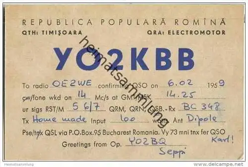 QSL - QTH - Funkkarte - YO2KBB - Rumänien - Timisoara - 1959