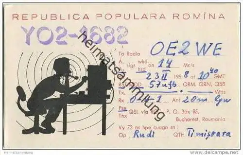 QSL - QTH - Funkkarte - YO2-1682 - Rumänien - Timisoara - 1958
